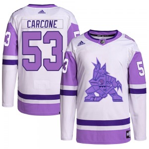 Michael Carcone Arizona Coyotes Adidas Authentic White/Purple Hockey Fights Cancer Primegreen Jersey