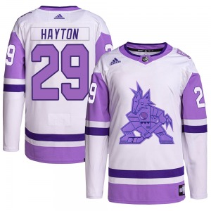 Barrett Hayton Arizona Coyotes Adidas Authentic White/Purple Hockey Fights Cancer Primegreen Jersey