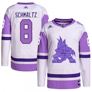 Nick Schmaltz Arizona Coyotes Adidas Authentic White/Purple Hockey Fights Cancer Primegreen Jersey