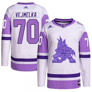 Karel Vejmelka Arizona Coyotes Adidas Authentic White/Purple Hockey Fights Cancer Primegreen Jersey