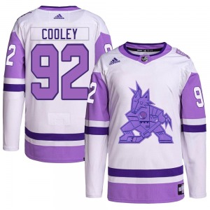 Youth Logan Cooley Arizona Coyotes Adidas Authentic White/Purple Hockey Fights Cancer Primegreen Jersey
