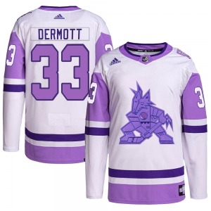 Youth Travis Dermott Arizona Coyotes Adidas Authentic White/Purple Hockey Fights Cancer Primegreen Jersey
