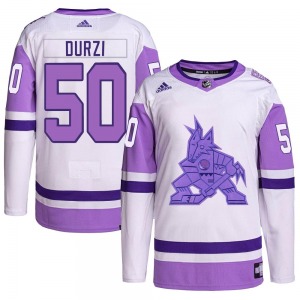 Youth Sean Durzi Arizona Coyotes Adidas Authentic White/Purple Hockey Fights Cancer Primegreen Jersey