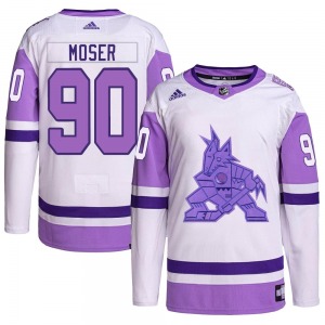 Youth J.J. Moser Arizona Coyotes Adidas Authentic White/Purple Hockey Fights Cancer Primegreen Jersey
